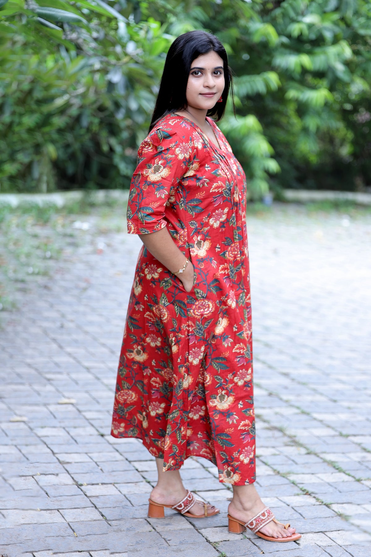 Rathri Red Floral A-Line Kurti