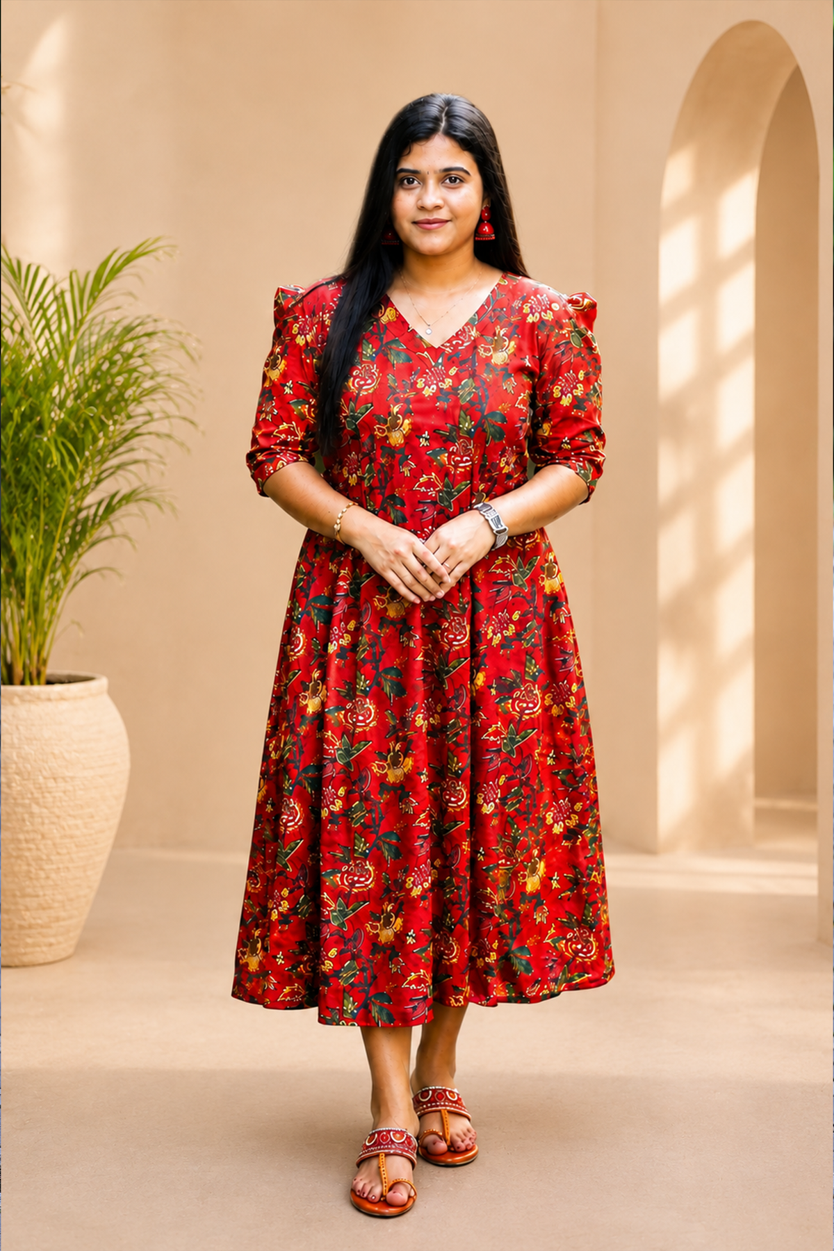 Rathri Red Floral A-Line Kurti